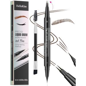 HelloKiss Precise Liquid Eyebrow Pen, 2 in 1 Dual-ended 2 Fork Tip Liquid Eyebrow Pencil with Eyebrow Brush,Microblading Eyebrow Pencil,Waterproof Eyebrow Pencil, Natural Long-Lasting(03#DARK BROWN)