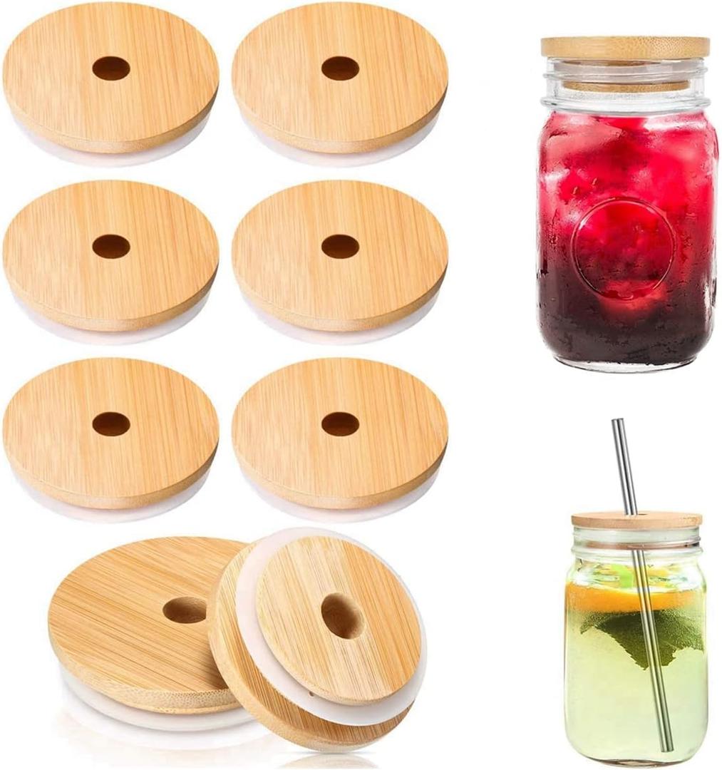 8 Pack Mason Bamboo Jar Lids with Straw Hole Reusable Bamboo Canning Jar Lids for Regular Mouth Mason Jar (70mm with Hole)