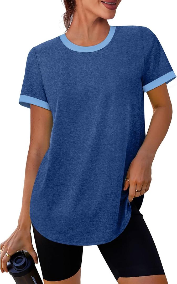 Women's Workout Tops Summer Short Sleeve Shirts Athletic Color Block Gym Clothes Outfits Sun Protection UPF 50+ T Shirts (X-Large, Navy Blue)