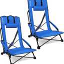 SPORT BEATS Low Beach Chairs Set of 2 Folding Beach Chairs High Back Support with Head Pillows Shoulder Straps (Blue)