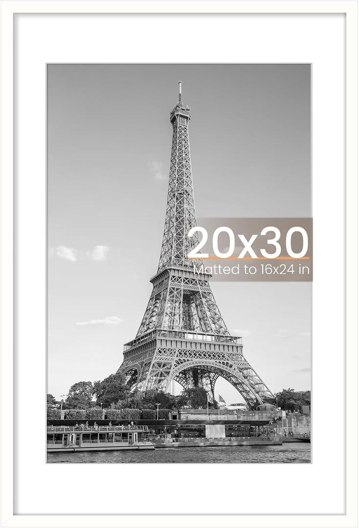 upsimples 20x30 Poster Frame, Display Pictures 16x24 with Mat or 20x30 Without Mat, Wall Hanging Picture Frame, White, 1 Pack