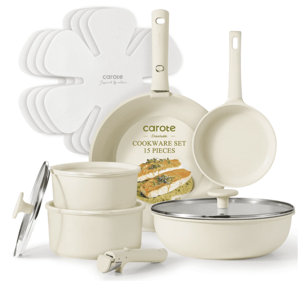 Carote 15 Pcs Pots and Pans Set Non Stick, Cookware Set with Detachable Handles, Oven Safe, Stackable, White