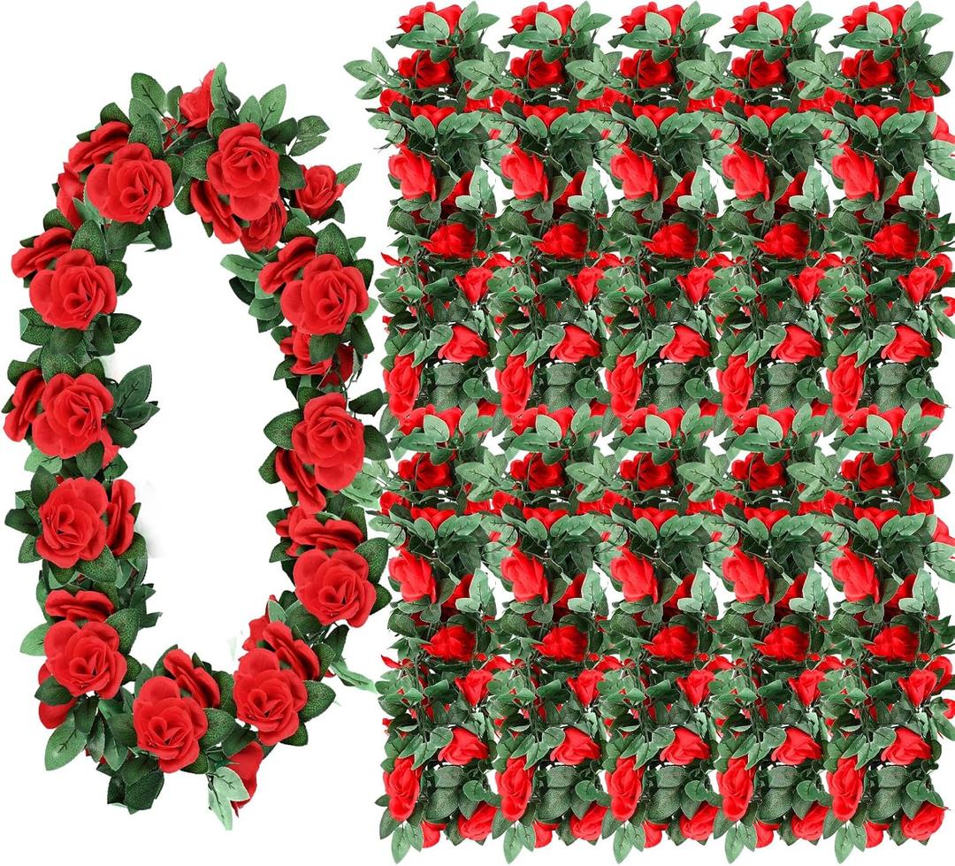 12 Pcs Red Rose Garland 39.6 ft Fake Rose Vine Flowers Valentine's Day Decoration Garland for Party Wedding Hawaiian School Ceremony Luau Tropical Summer Party Supplies