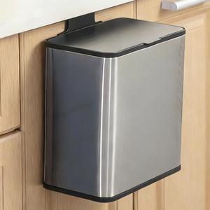 Qflushor Under Counter Waste Bin, 1.9 Gallon Metal Small Trash Can for Cabinet Door, Hanging Space-Saving Garbage Can with Lid for Kitchen, Bathroom, RV, Office, Silver