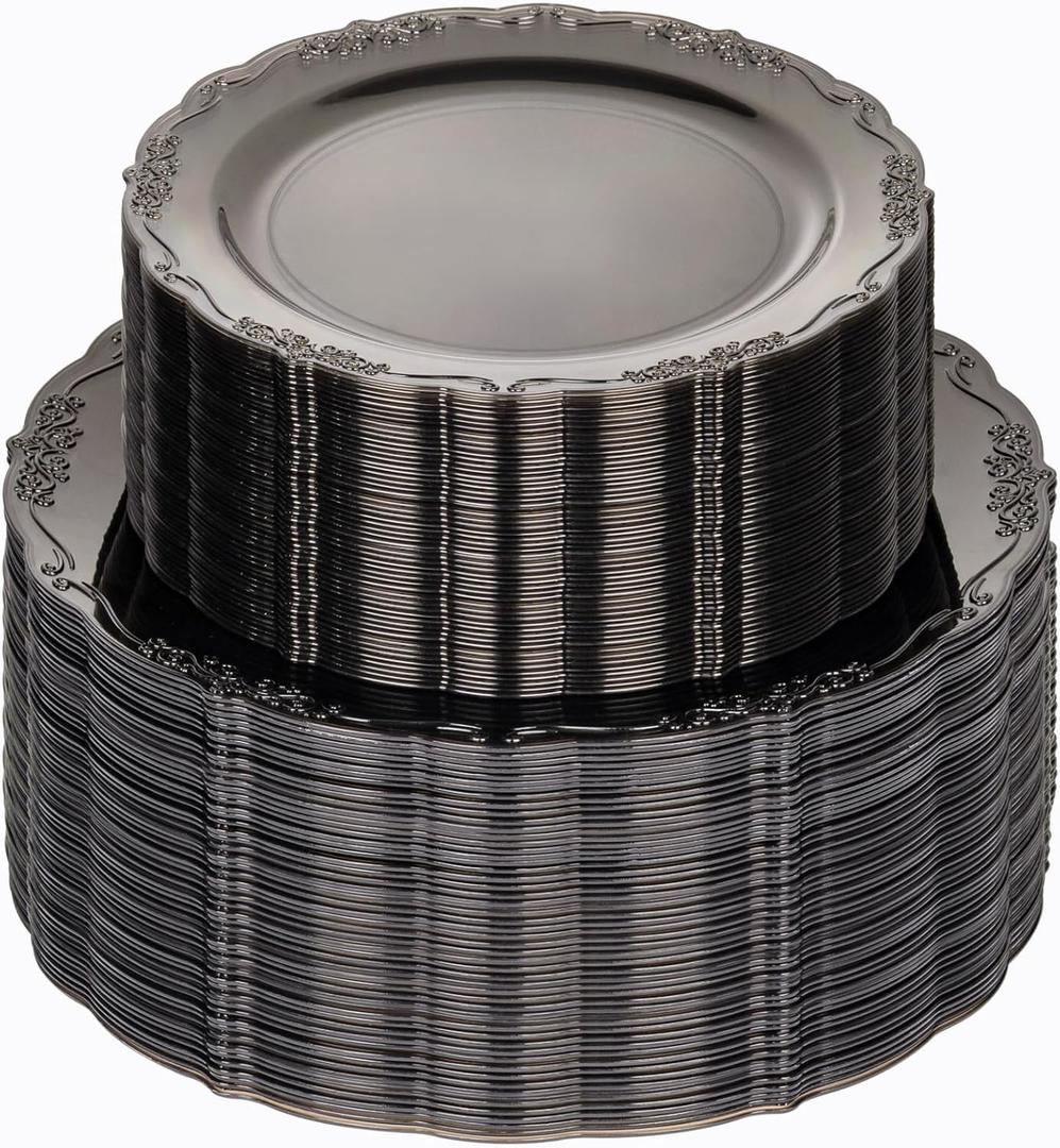 U-QE 100PCS Clear Black Plastic Plates - Heavy Duty Black Disposable Plates Including 50PCS 10'' Dinner & 50PCS 7.5'' Dessert Plates -Hard Plastic Platos for Halloween & Party & Wedding