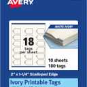 Avery Printable Rectangle Scalloped Tags, Sure Feed Technology, 2" x 1-1/4", Matte Ivory Cardstock, Print-To-The-Edge, Laser/Inkjet Printable, 180 Total, Great for Custom Gift or Branding Tags