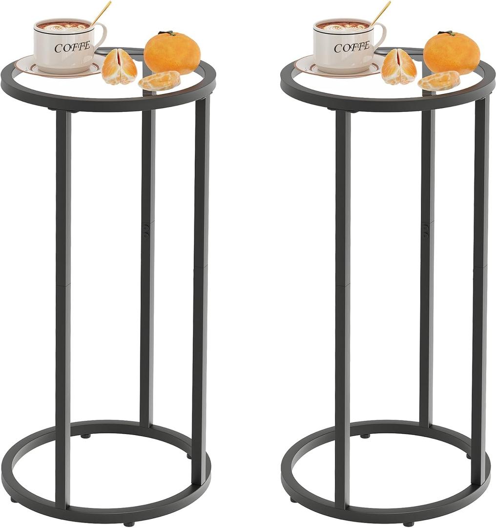 Easy Paws Round Side Table, Glass C Shaped Table, Couch End Table, Tempered Glass Snack Table with Metal Frame, Sofa Couch Bedside Table, TV Tray Table for Small Space (Black, 2pcs)