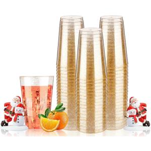 Goodluck 14 oz 50 PCS Gold Glitter Plastic Cups, Disposable Glitter Cups, Elegant Plastic Cocktail Glasses, Fancy Party Cups for Wedding, Birthday, Holiday