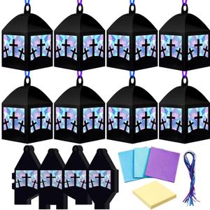 Maitys 16 Sets He is Risen Easter Lent Craft Kit, Christian DIY Cross Stained Glass Paper Lanterns with Tissue Paper Strings, Sunday School Religious Crafts for Church VBS Bible Lessons