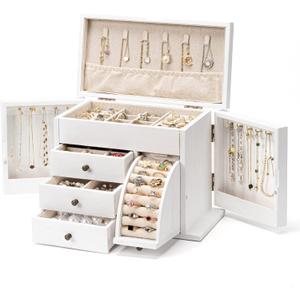 Poyilooo Jewelry Box Organizer, Solid Wood Jewelry Boxes for Women for Storage & Display Necklace Ring Earring Bracelet, Rustic Style Jewelry Organizer Box for Women Gifts (Weathered White)