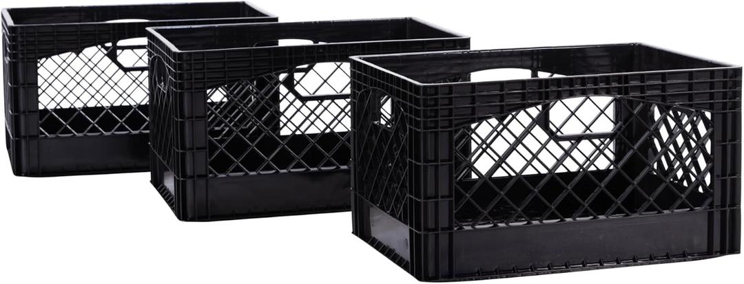 Rectangular Plastic Milk Crate Storage Tote with Handles, 24-Quart Stackable Organizer for Garage, Home, and Office, Made in the USA, 19" x 13" x 11" (3-Pack) - Black