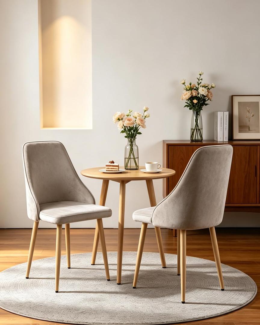 High Back Mid-Century Dining Chairs Set of 2, Modern Kitchen Table Chairs with Sturdy Metal Legs & Wider Padded Seat, Grey Velvet Upholstered Mordern Accent Chairs for Dining Room/Kitchen/Living Room, Oversized