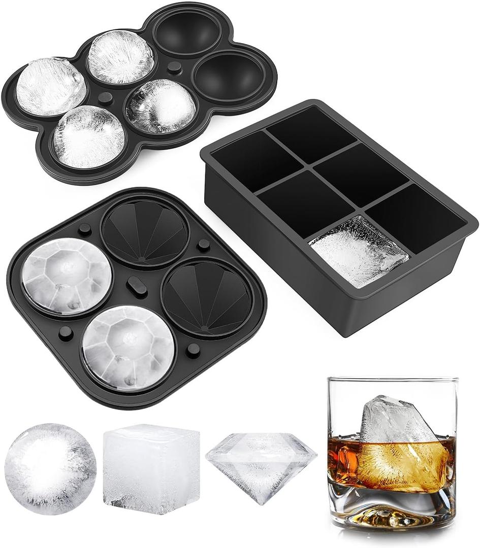 Dclobtop Ice Cube Trays, Silicone Ice Cube Molds for Freezer with Lid (Set of 3), 6 Ball Ice Cube Tray, 4 Diamond & 21-Ice Trays, Reusable Whiskey Ice Mold, DIY, BPA Free, Freezer (3Pack Multiple Shapes-Black)
