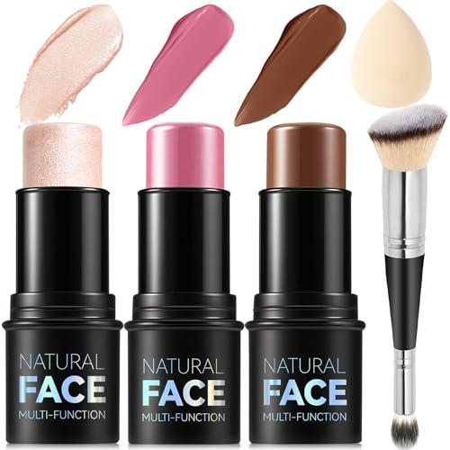 3Pcs Cream Contour Stick Makeup Kit, Shades with Highlighter, Blush and Bronzer Contour Stick for Sculpt the Cheeks, Long Lasting, Waterproof, Matte & Dewy Finish (LIGHT MEDIUM(2+5+6))