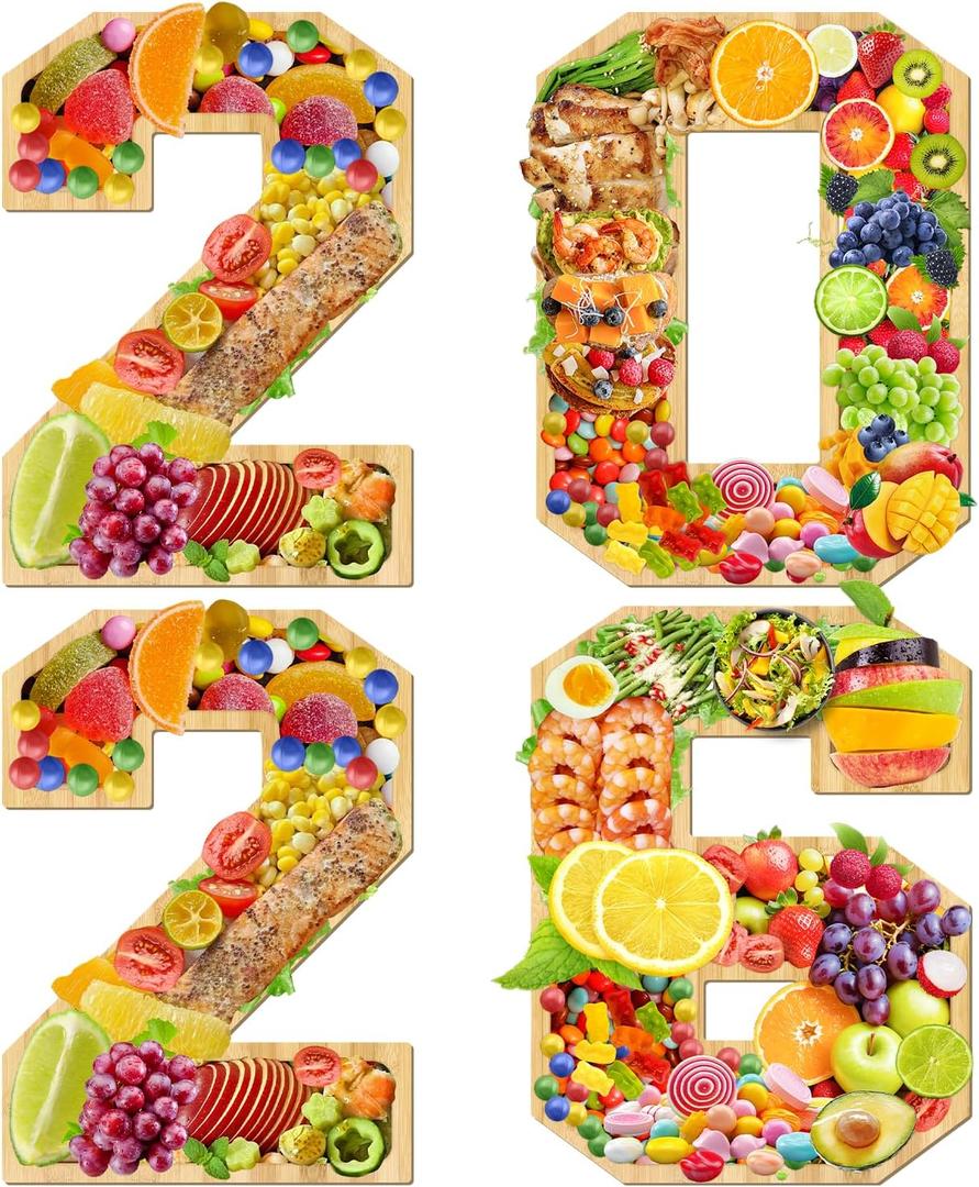 4pcs Wooden 2026 New Years Eve Party Supplies Charcuterie Numbers Fillable Decorations, New Years Decorations 2026 Number Charcuterie Board Box for Fruit Cheese Platter Candy Cake Plates