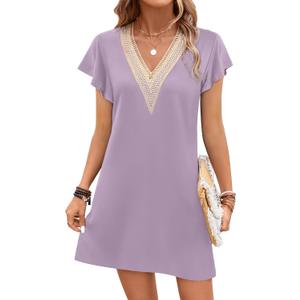 Ekouaer Nightgowns for Women Flare Short Sleeve Sleepshirt Guipure Lace V Neck Sleepwear Soft Pj Dress Night Shirt S-3XL (L)