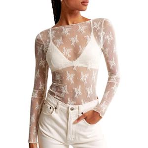 KTILG Womens Lace Long Sleeve Boat Neck Tops Sheer Blouse Sexy See Through Shirt Mesh Top (Large, White)