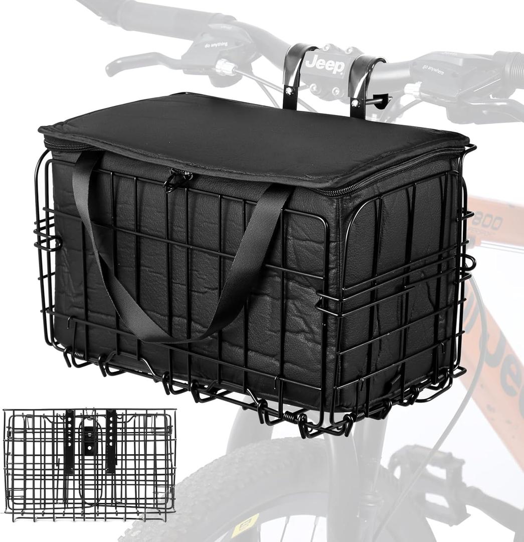 Front Folding Bike Basket with Removable Liner Bag - Quick Release Bicycle Carrier for Small Pets & Picnic Essentials