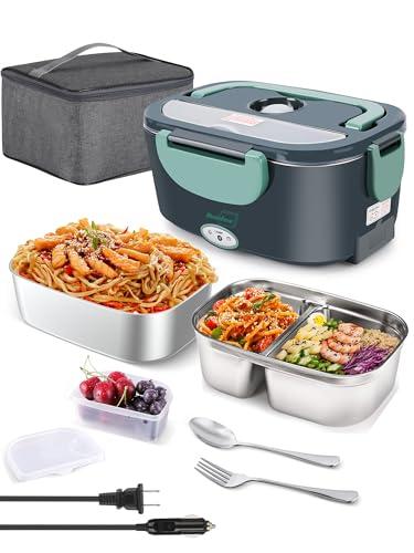 Buddew Electric Lunch Box 80W Food Heater with Dual Container, Portable Lunch Warmer for Adults, Upgraded Heated Lunch Box for Car/Truck/Office (GREEN-Dual Container)