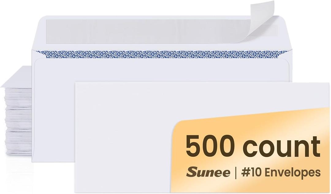 SUNEE #10 Security-Tinted Self Seal Envelopes  500 Pack White Windowless Mailing Envelopes, 24LB Printer Friendly for Business, Home & Office Use (4-1/8 x 9-1/2")