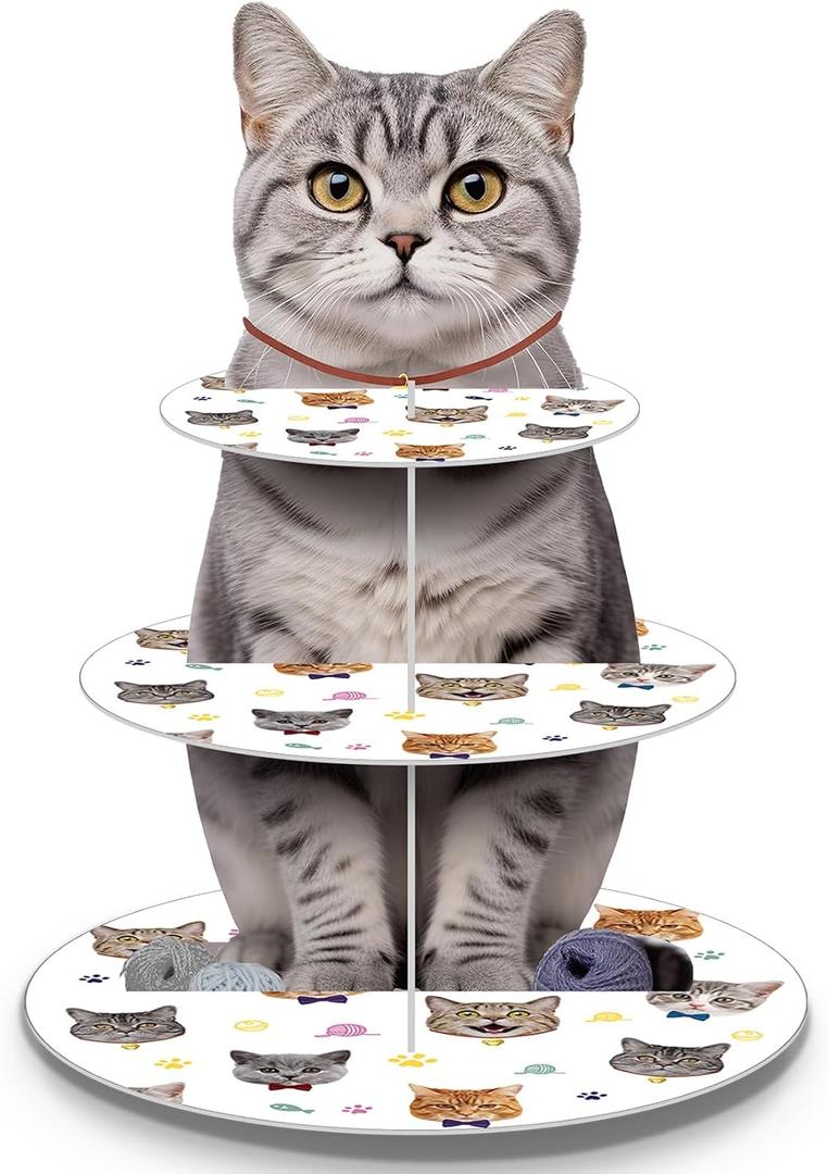 Pasimy Cat Cupcake Stand Party Decorations Cat Theme Cupcake Holder Cardboard 3 Tier Kitten Birthday Party Cake Decorations Pet Lover Dessert Stand for Cat Birthday Party Baby Shower Supplies