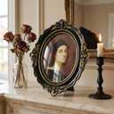 Cuspin 5x7 Picture Frame Black and Gold, Vintage Ornate Baroque Resin Photo Frame with Glass Front for Wall Hanging or Tabletop Display, Oval Frames for Horizontal or Vertical
