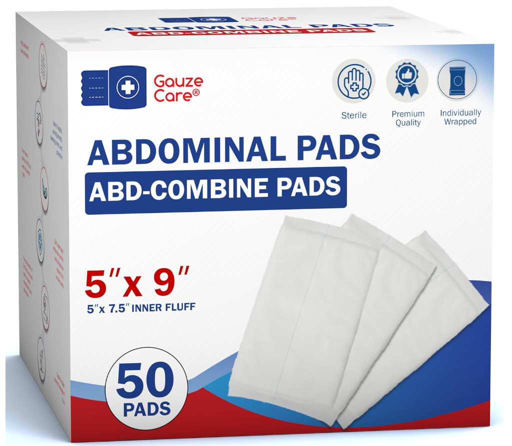 GauzeCare Sterile Abdominal ABD Combine Pads| 50Pack, 5 x 9 Inches| Extra Absorbent & Thick, Individually Wrapped Wound Dressing, First Aid Pads| SurgicalGrade, Nonstick for Heavy Leakage, Post Op