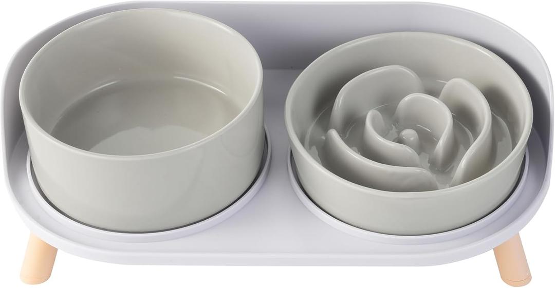 Elevated Slow Feeder Dog Bowls - Ceramic Food and Water Bowl Set with Stand - Raised Pet Dishes for Small and Medium Sized Dogs (Grey)
