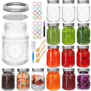 Encheng 16 Pack Regular Mouth Mason Jars 16 oz with Lids,Pint Canning Jars with Metal Lids and Bands, Vintage Glass Mason Jar for Centerpieces,Preserving,Fermenting,Jelly, Jam,Candy, DIY Crafts
