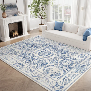 jinchan Area Rug 8x10 Washable Vintage Floral Rug Non Slip Indoor Retro Floor Cover Boho Soft Carpet for Living Room Bedroom Dining Room Blue