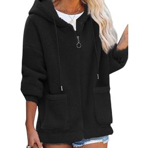 ZAFUL Women's Hooded Zip Up Faux Shearling Fluffy Teddy Jacket Coat (Black, S)