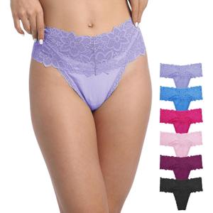 Pack 6 High Waisted Lace Thong for Women Cotton Underwear Plus Size High Rise Retro Tummy Control Thongs Panties (4X-Large)