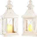 TRIROCKS Set of 2 Decorative Candle Lantern 11'' High Metal Candle Holder Hanging Lantern Perfect for Home Decor Halloween Living Room Parties Events Tabletop Indoors Outdoors (White with Gold Brush)