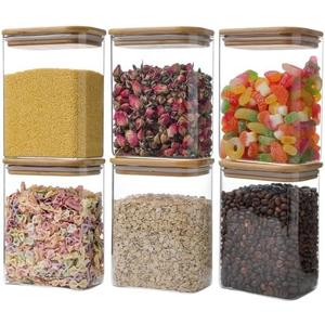 Liuruiyu Glass Storage Jars 12 * 8cm [Set of 3],Clear Glass Food Storage Containers with Airtight Bamboo Lid Stackable Kitchen Canisters for Candy,Cookie,Rice,Sugar,Flour,Pasta(Square)