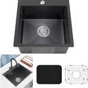 Black Kitchen Sink, Stainless Steel 18 x 18 Inch Top Mount Kitchen&Bar Sink Single Bowl Drop In Sink Set - Stainless Grid, Silicon Mat, Retracable Basket For Modern Stylish Kitchen