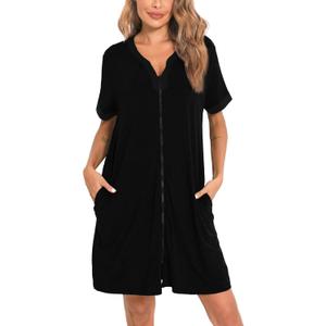 SWOMOG Women Zipper Front House Coat Short Sleeves Robe Zip up Bathrobes Short Nightgown with Pockets (Large, Black Black Trim) SWOMOG Women Zipper Front House Coat Short Sleeves Robe Zip up Bathrobes Short Nightgown with Pockets (Large, Black Black Trim)