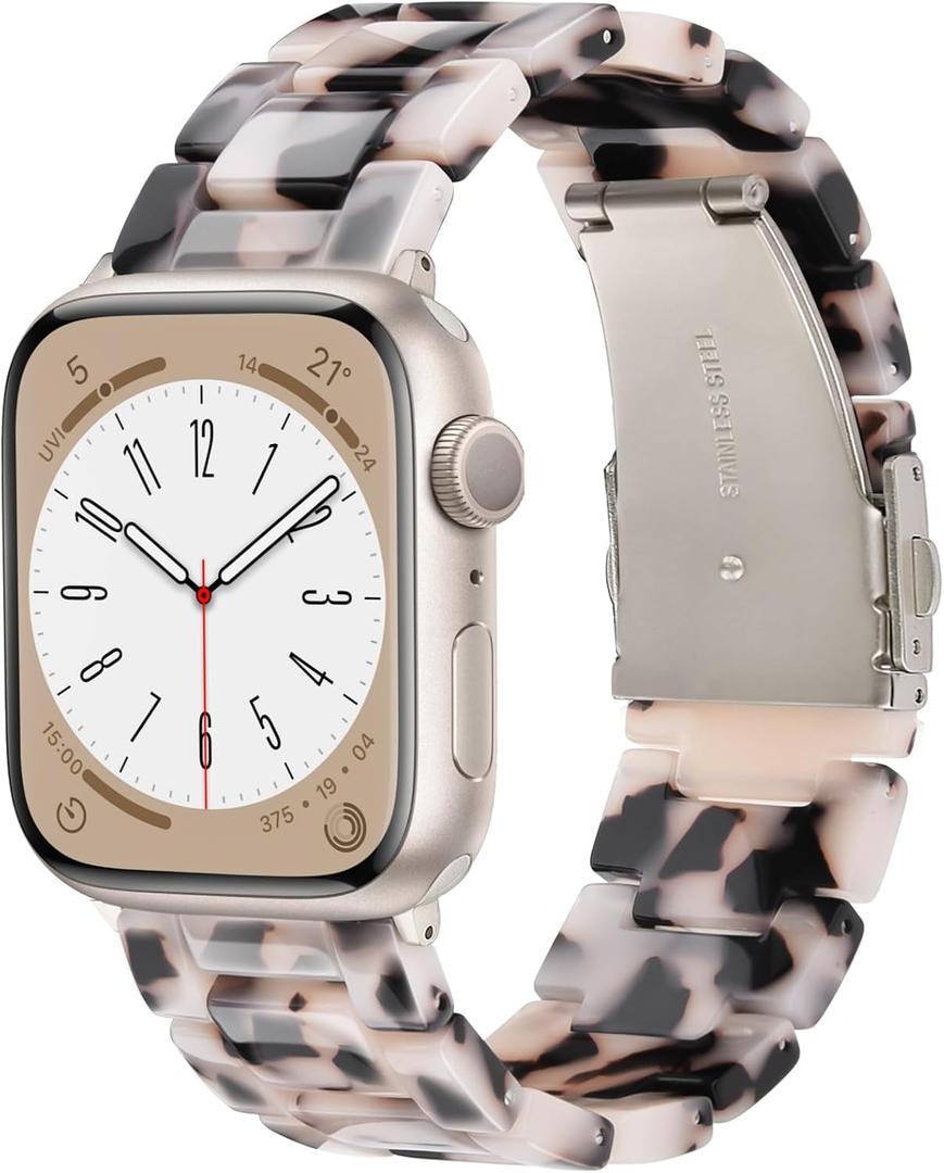 Resin Watch Band Compatible with Apple Watch Band for Women 38mm 40mm 41mm Tortoise Metal Buckle Wristband Bracelet Strap for iWatch Series 10 9 8 7 6 5 4 3 2 1 SE (Black Floral-Starlight) (38mm/40mm/41mm/42mm(Series 10))