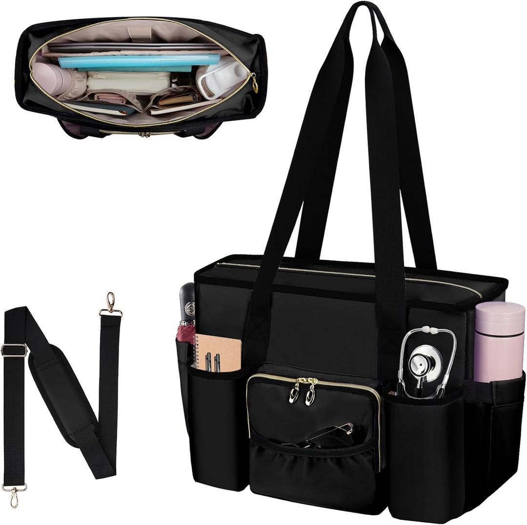 Nurse Bag, Work Bags with 15.6-inch Laptop Compartment, Teacher bag with Large Cup Holder, Nursing Tote Bag with Insulated Pocket for Nurses, Teachers, Students, and Professionals, Black