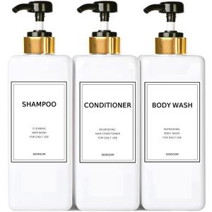 Modern Gold Shampoo and Conditioner Dispenser (21 oz, Pack of 3) Refillable Pump Bottle Set Empty Shower Plastic Bottles with Pump for Bathroom Body Wash Soap and Shower, 3 Types Waterproof Labels
