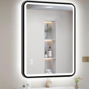 S'bagno 32X24 Black LED Mirror for Bathroom with Frontlit & Backlit, LED Bathroom Mirror with Metal Frame, Anti-Fog, Stepless Dimmable, 3 Colors Temperature LED Vanity Mirror(Horizontal/Vertical)