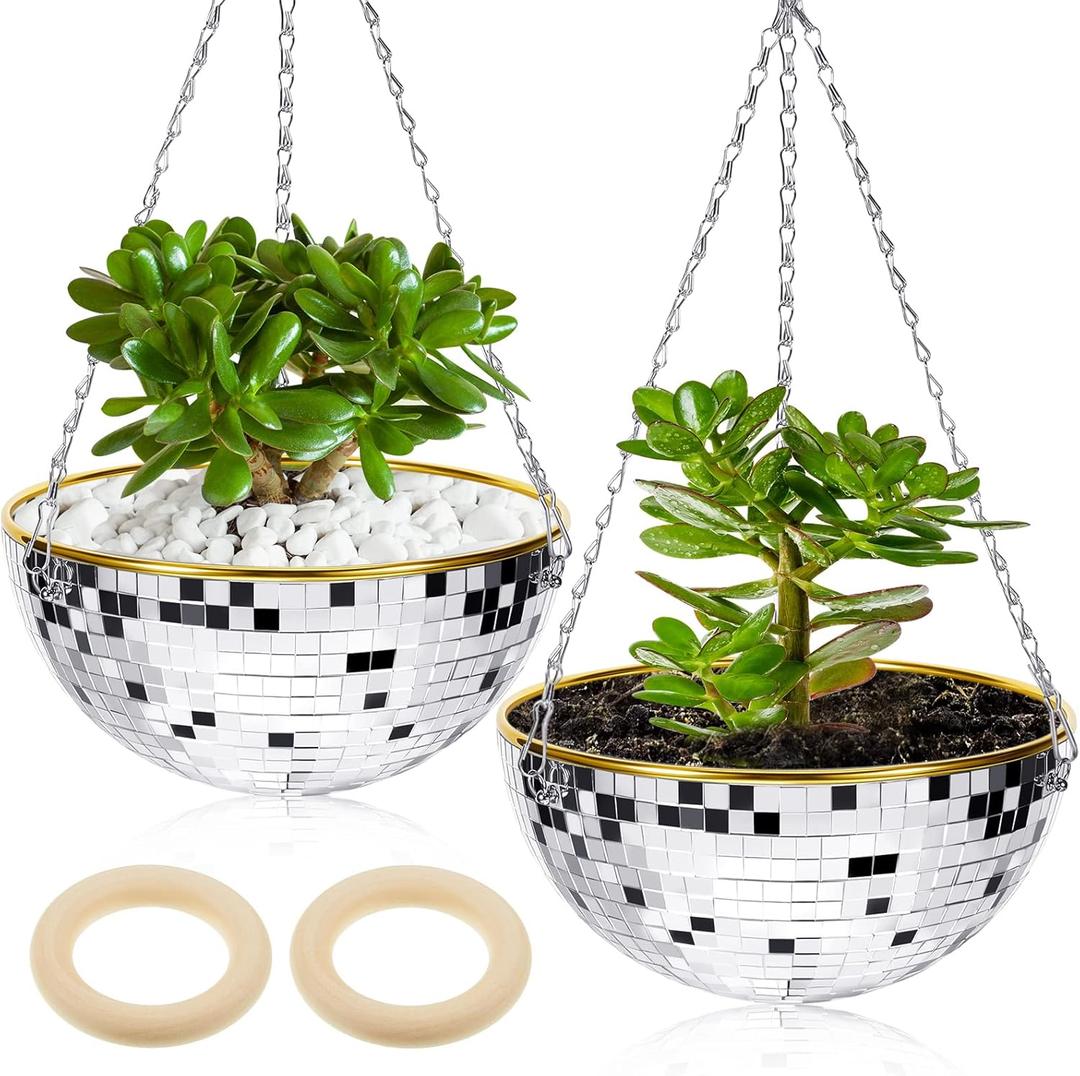 Irenare 2 Pcs 10" Disco Ball Planter Mirror Disco Ball Wall Hanging Planter with Chain Silver Boho Succulents Plant Pots for Home Wall Indoor Outdoor Plants Holder Decorations Window Desk