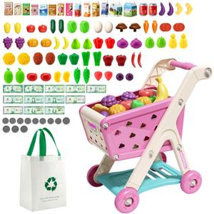 Jovow 102pcs Kids Shopping Cart Trolley Play Set with Pretend Food and Accessories,Perfect for Ages 3+ Pretend Play and Role-Playing Games (Pink)