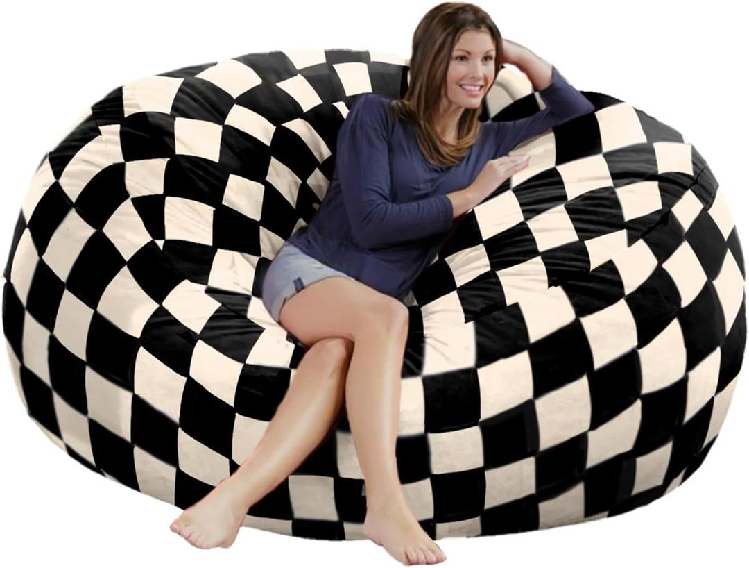 5FT Bean Bag Chair Cover - Soft Fluffy Dutch Velvet Bean Bag Bed (No Filling, Cover Only), Comfy 5FT Bean Bag Cover, Oversized Lazy Sofa Cover (Black Beige)