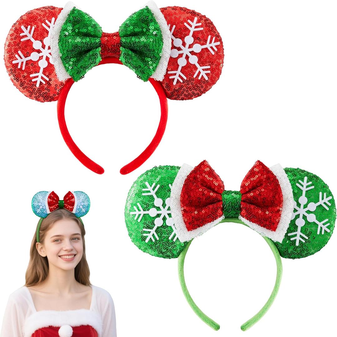 JOYIN 2 Pcs LED Christmas Headbands Mouse Ears Headbands, Lightup Red & Green Xmas Themed Ears Headwear with Glitters, Christmas Hair Accessories for Adult Women Girl Kids Party Favor Cosplay Stage