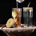 Joeyan 24 oz Clear Glass Tumbler with Straw and Bamboo Lid,Ribbed Large Glasses Cups for Iced Tea Coffee Smoothie Water Juice Beverages Soda,Thickened Drinking Jar,Set of 2,Dishwasher Safe, Medium 