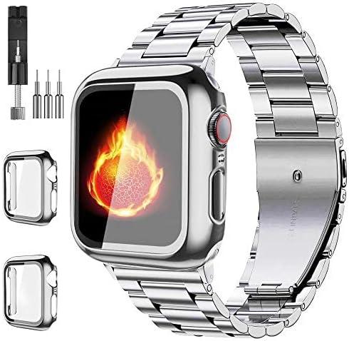 Compatible with Apple Watch Band 49mm 46mm 44mm 45mm 42mm 40mm 38mm 41mm, Stainless Steel iWatch Bands with 2 Pack Tempered Glass Case for Series 11/10/9/Ultra 3 2/8/7/6/5/4/3/2/1/SE for Men (Silver)