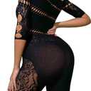 Womens Lingerie Fishnet Dress, Women's Sheer Mesh Long Sleeve Bodycon Dress - Rhinestone Embellished (Black)