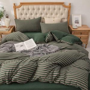 PURE ERA Jersey Knit Duvet Cover Set 100% T-Shirt Heather Cotton Super Soft Comfy Classic Striped Design, with Zipper Closure, Forest Green Stripe, Twin