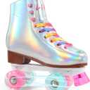LIKU Quad Roller Skates for Girl and Women with All Wheel Light Up,Indoor/Outdoor Lace-Up Fun Illuminating Roller Skate for Kid (J12-J13, Shiny)