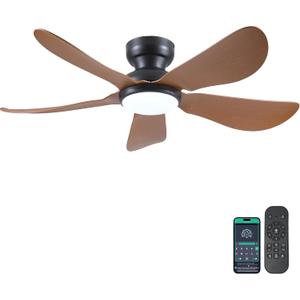 46 Inch Modern Ceiling Fans with Lights, Flush Mount Ceiling Fan with Light and Remote/APP Control, 5 Reversible 6 Speeds Curved Blades, 3 CCT Dimmable Lights for Kids Room, Brown